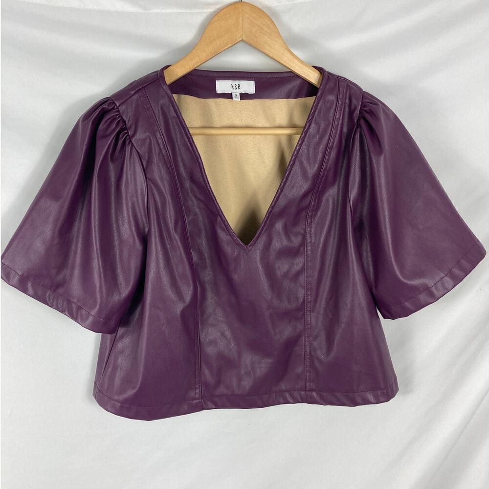 NSR Faux Leather Purple Crop V Neck Top Size Small